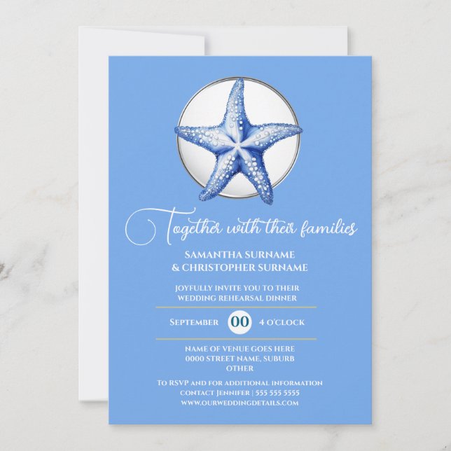 Starfish theme wedding blue white silver seashore invitation (Front)