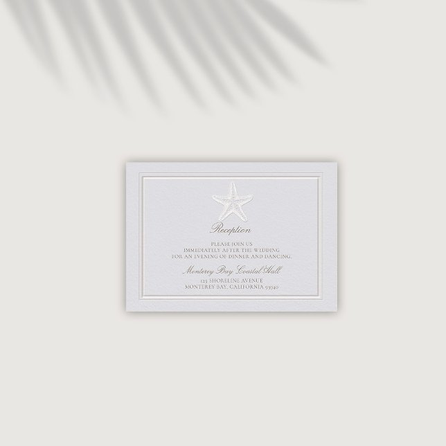 Starfish Themed Coastal Classic Reception Wedding Enclosure Card (coastal wedding reception details card modern classic formal traditional frame faux emboss starfish)