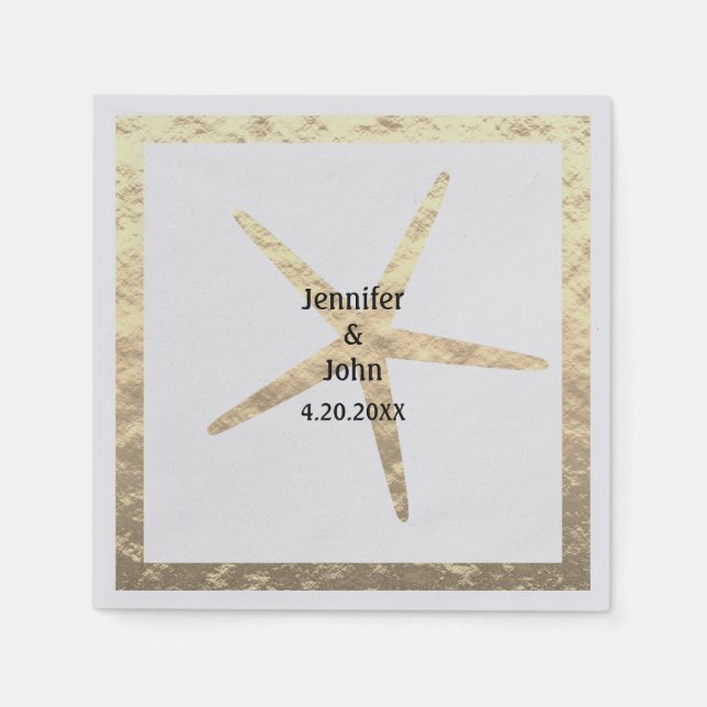 Starfish Tropical Gold Couple Name Wedding Silver Napkin (Front)