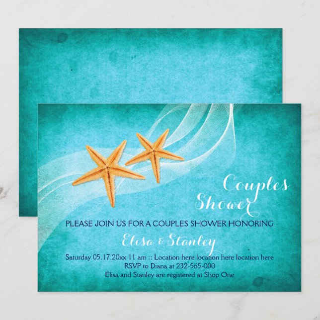 Starfish turquoise beach wedding couples shower invitation (Front/Back)