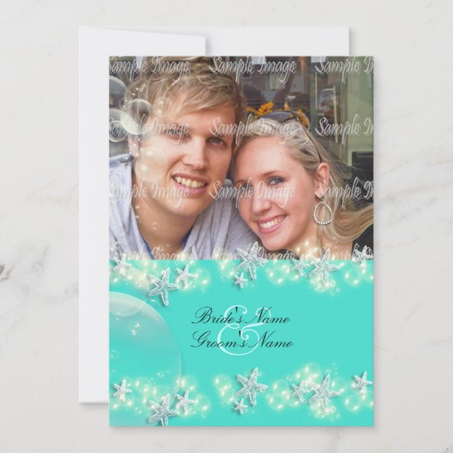 Starfish turquoise blue white wedding invitation (Front)