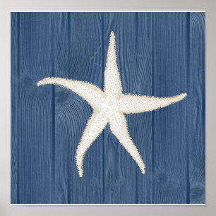 Starfish Vintage Blue Wood Beach Poster