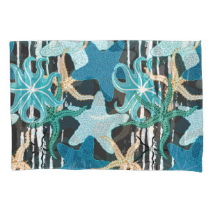 Starfish Vintage: Dark Striped Background. Pillowcase