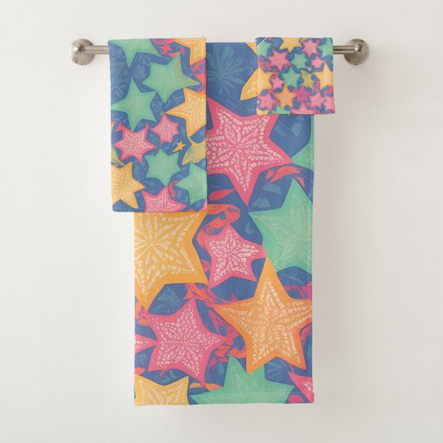 Starfish Watercolor Colourful Personalised Pattern Bath Towel Set (Insitu)