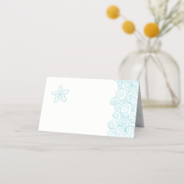 Starfish wave swirls aqua beach guest place cards (Front)