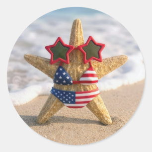 Starfish Wearing Flag Bikini and Star Sunglasses Classic Round Sticker