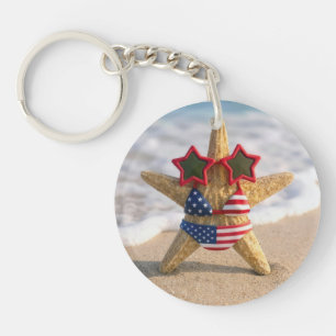 Starfish Wearing Flag Bikini and Star Sunglasses Key Ring