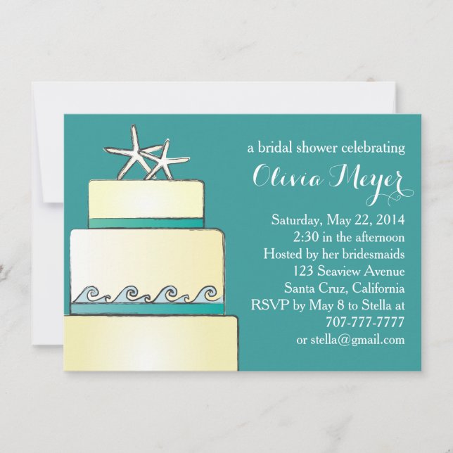 Starfish Wedding Cake Bridal Shower Invites Teal (Front)