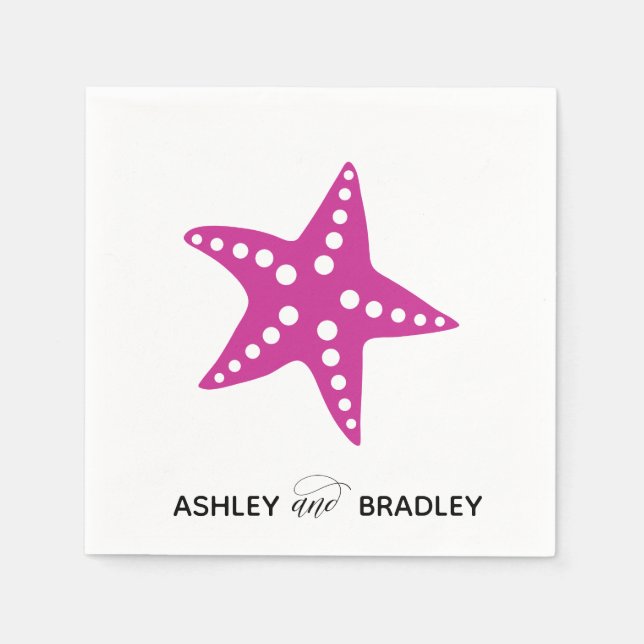 Starfish Wedding Napkins, Beach, Fuchsia Pink Napkin (Front)
