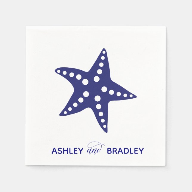 Starfish Wedding Napkins, Beach, Navy Blue Napkin (Front)