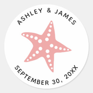 Starfish Wedding Stickers, Beach Theme Tag, Pink Classic Round Sticker
