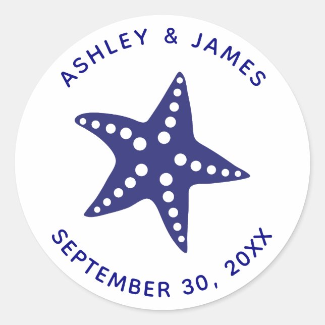 Starfish Wedding Stickers, Navy Blue Beach Theme Classic Round Sticker (Front)