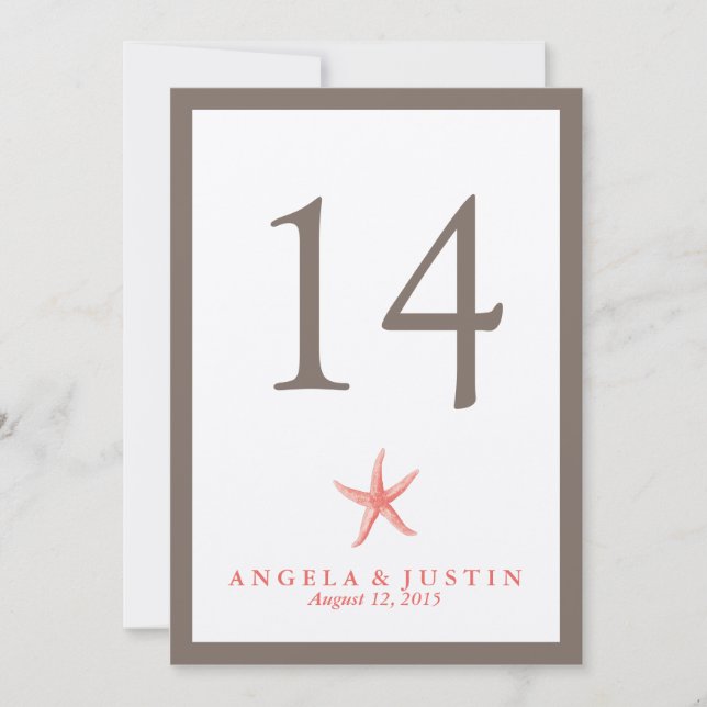Starfish Wedding Table Number - CORAL (Front)
