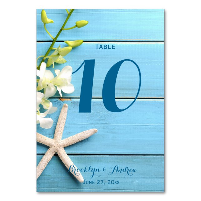 Starfish Wedding Table Numbers With Orchids (Front)