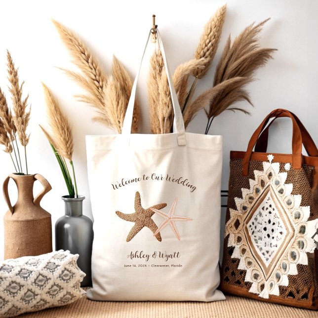 Starfish Wedding Welcome Coral Brown Guest Favour Tote Bag (Creator Uploaded)