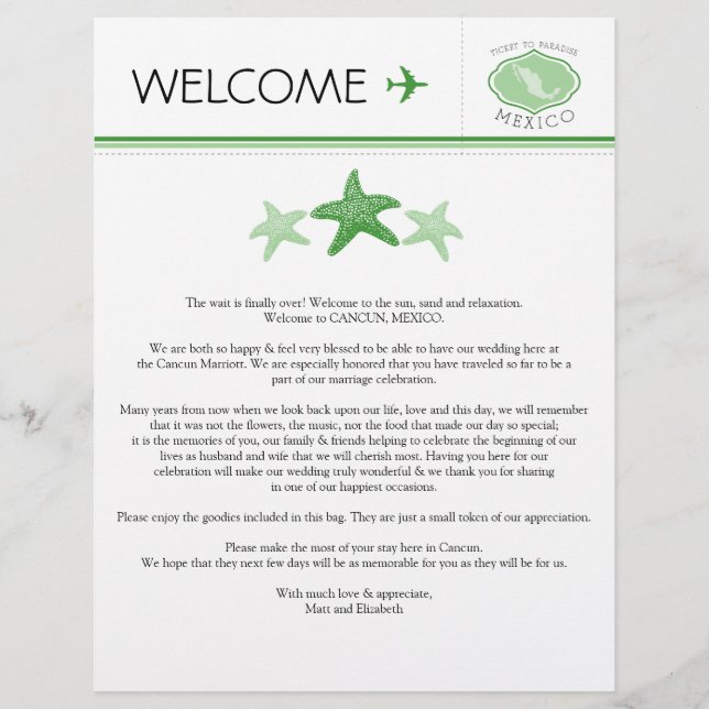 Starfish Wedding Welcome Letter for Mexico (Front)