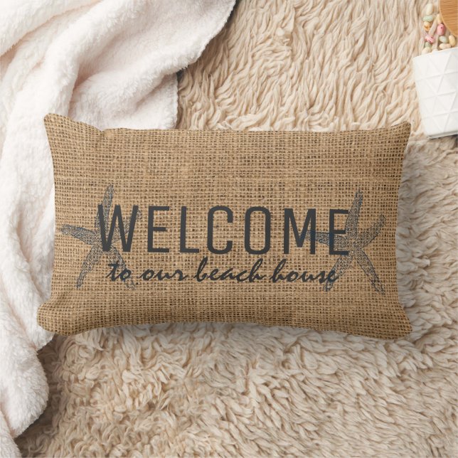 Starfish Welcome beach house rustic burlap Lumbar Cushion (Blanket)