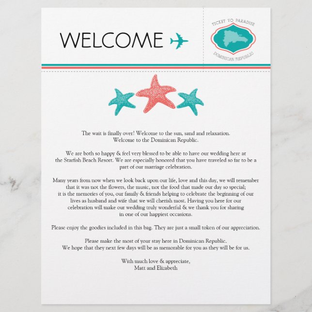 Starfish Welcome Letter for Dominican Republic (Front)