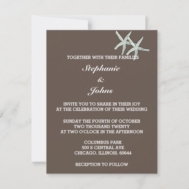 Starfish White Dark Chocolate Brown Wedding Invitation (Front)