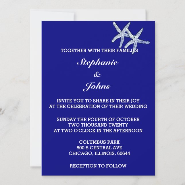 Starfish White Navy Blue Cute Custom Colour Weddin Invitation (Front)