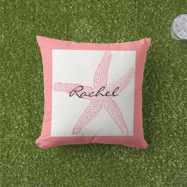 Starfish White Pink Name Template Beach Girly  Cushion (Grass)