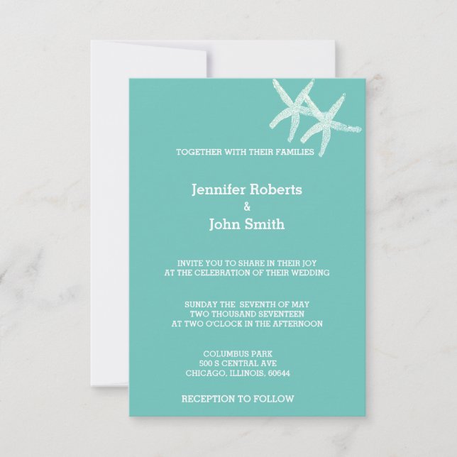 Starfish White Teal Blue Custom Colour Cute Weddin Invitation (Front)