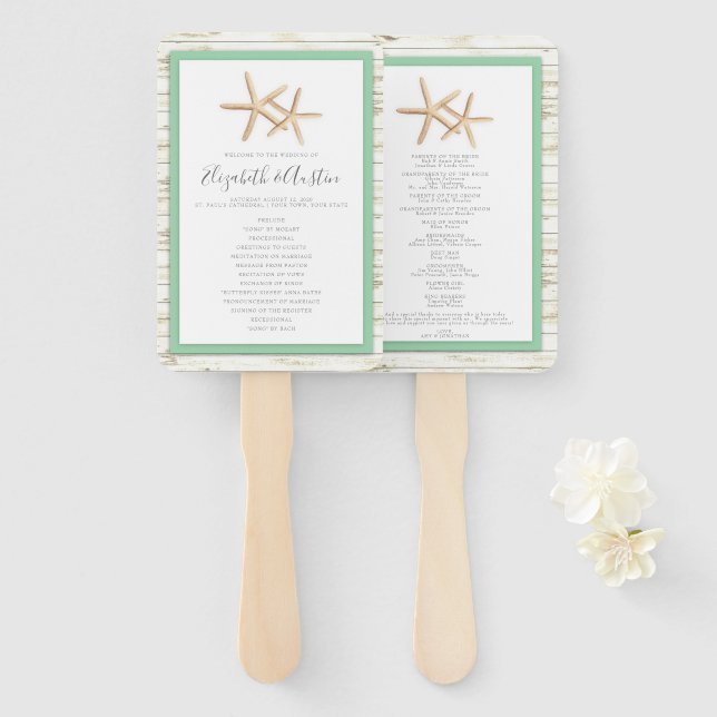 Starfish Whitewash Wood Beach Wedding Program Fan (Front and Back)