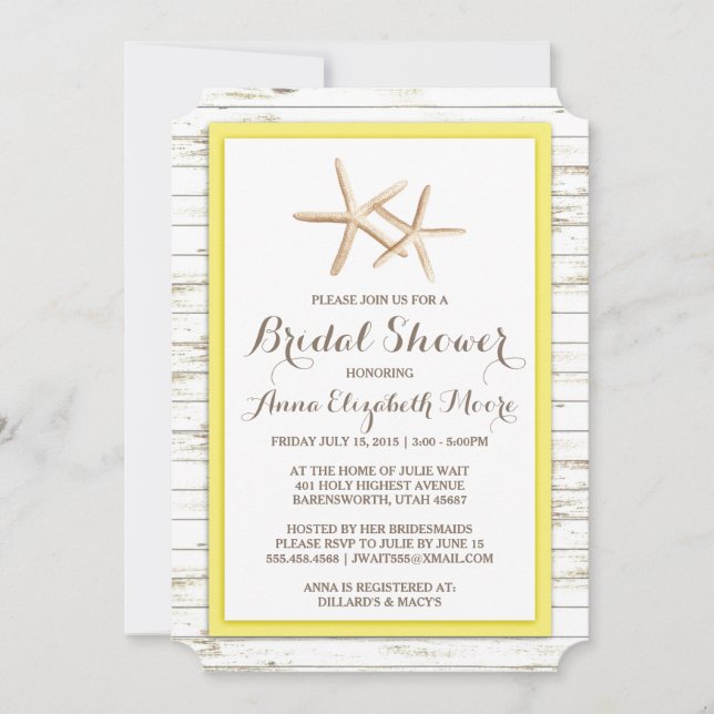 Starfish Whitewashed Wood Beach Bridal Shower Invitation (Front)