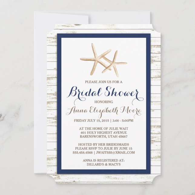 Starfish Whitewashed Wood Beach Bridal Shower Invitation (Front)