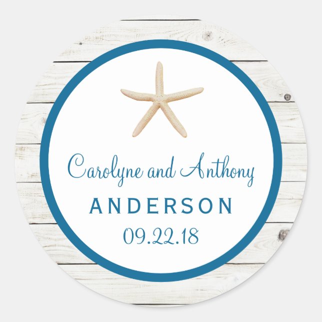 Starfish Whitewashed Wood Beach Wedding Collection Classic Round Sticker (Front)