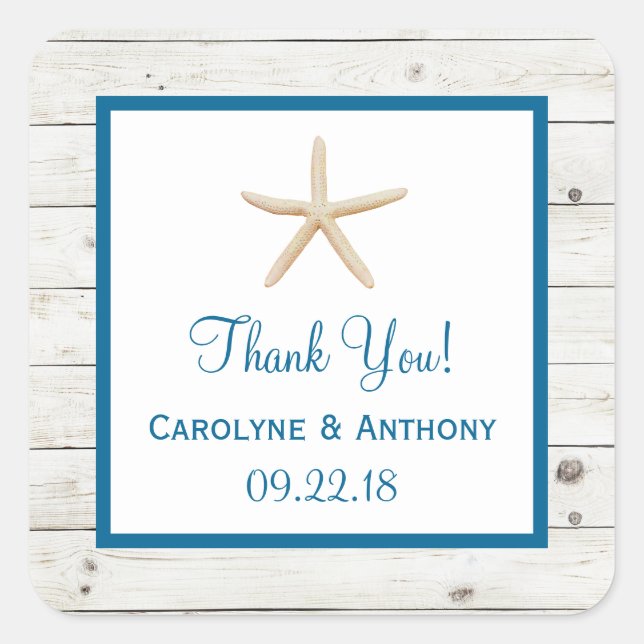 Starfish Whitewashed Wood Beach Wedding Collection Square Sticker (Front)