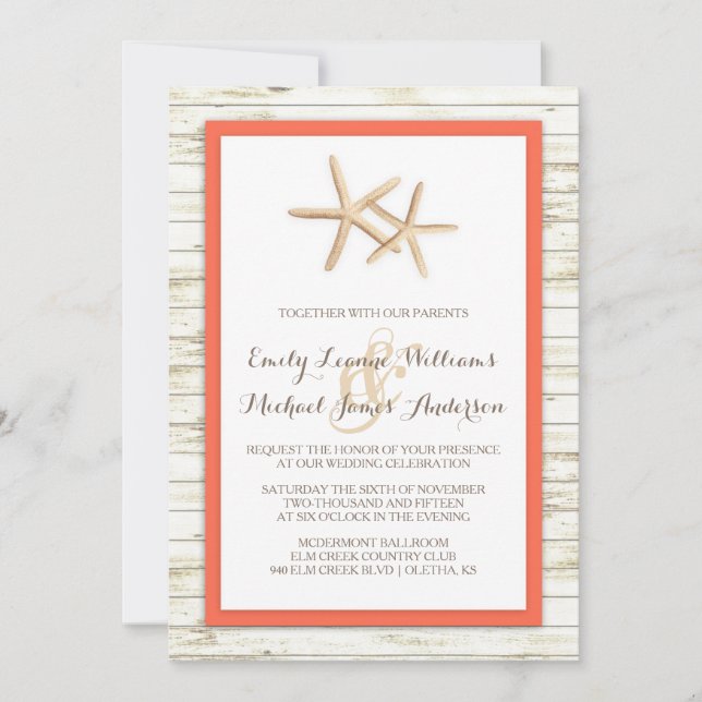 Starfish Whitewashed Wood Beach Wedding Invitation (Front)