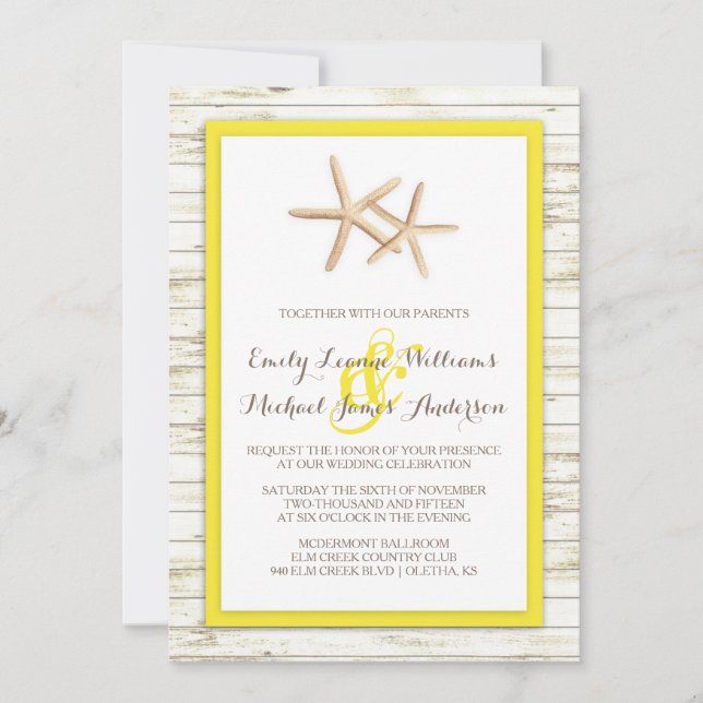 Starfish Whitewashed Wood Beach Wedding Invitation (Front)
