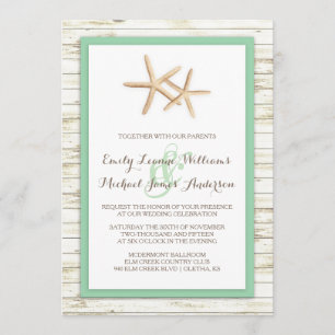 Starfish Whitewashed Wood Beach Wedding - Mint Invitation
