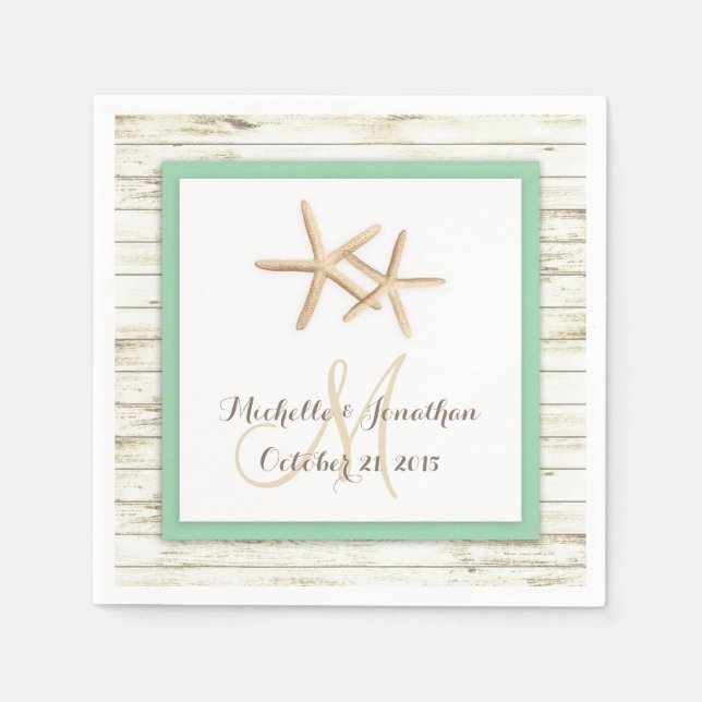 Starfish Whitewashed Wood Beach Wedding Napkin (Front)
