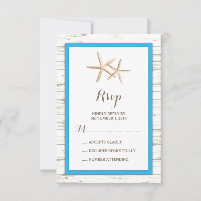 Starfish Whitewashed Wood Beach Wedding RSVP Card (Front)
