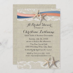 Starfish with Navy and Coral Ribbon Bridal Shower Invitation