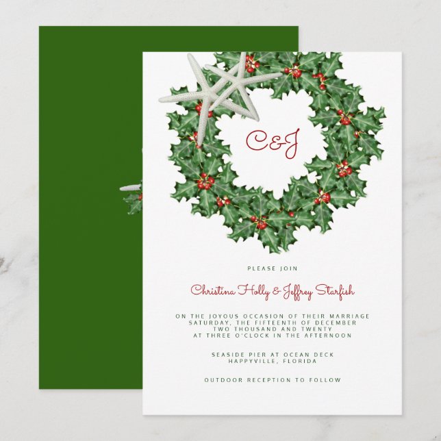 Starfish Wreath Wedding at Christmas Invitation (Front/Back)