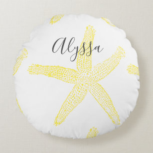 Starfish Yellow Grey Beach Name Text Template Cool Round Cushion