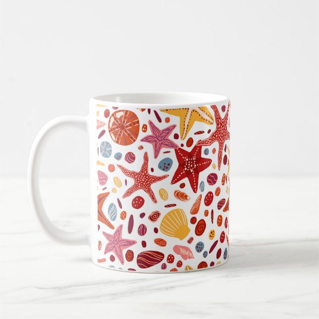 Starfishes, shells and stones flat hand drawn vint coffee mug (Left)