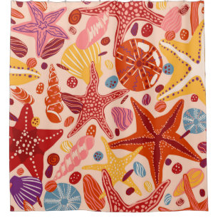 Starfishes, shells and stones flat hand drawn Vint Shower Curtain