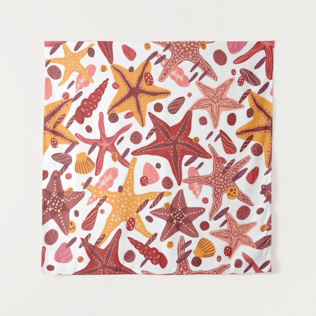 Starfishes, shells and stones flat hand drawn vint tapestry (Front)