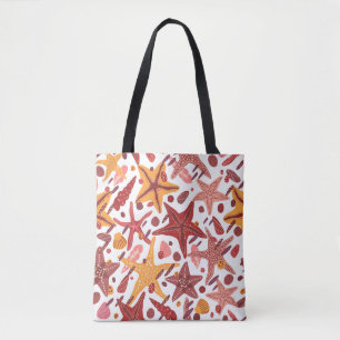 Starfishes, shells and stones flat hand drawn vint tote bag