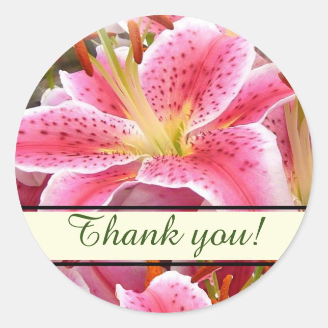 "Stargazer" Lilies Custom Text Thank you Classic Round Sticker (Front)