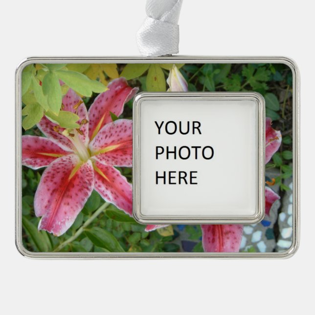 Stargazer Lilies Garden Floral Silver Plated Framed Ornament (Front)