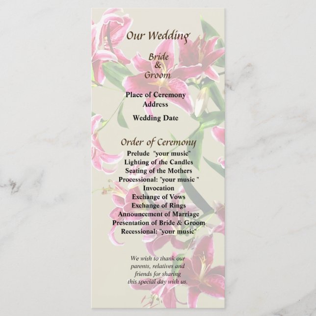 Stargazer Lilies Heart Wedding Program Programme (Front)