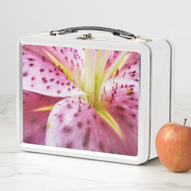 Stargazer Lily Bright Magenta Floral Metal Lunch Box (In Situ)