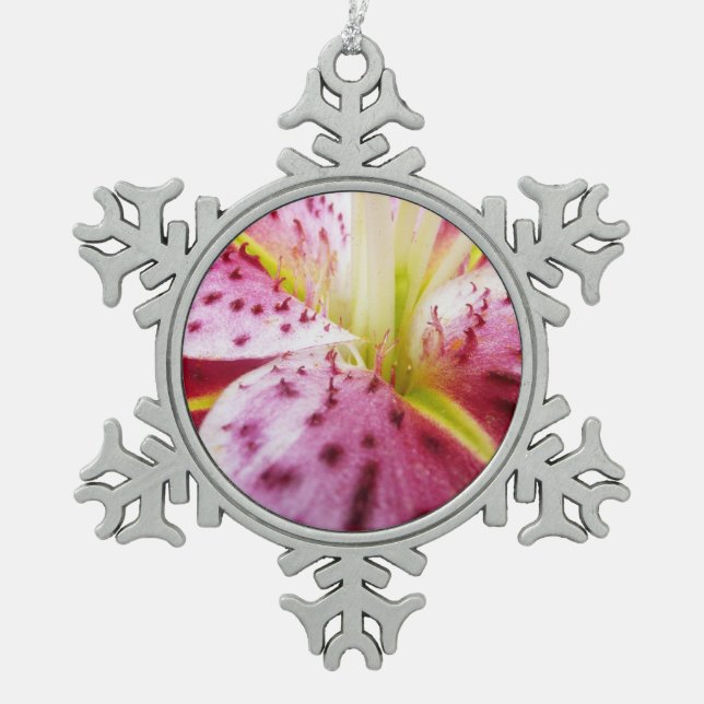Stargazer Lily Bright Magenta Floral Snowflake Pewter Christmas Ornament (Front)