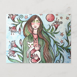 Stargazer Lily Goddess with her White Cat Holiday Postcard