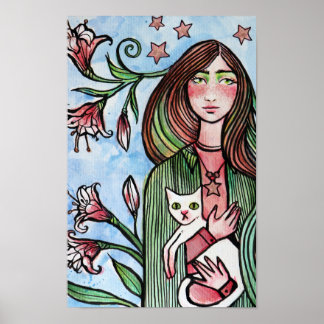 Stargazer Lily Goddess with her White Cat Poster